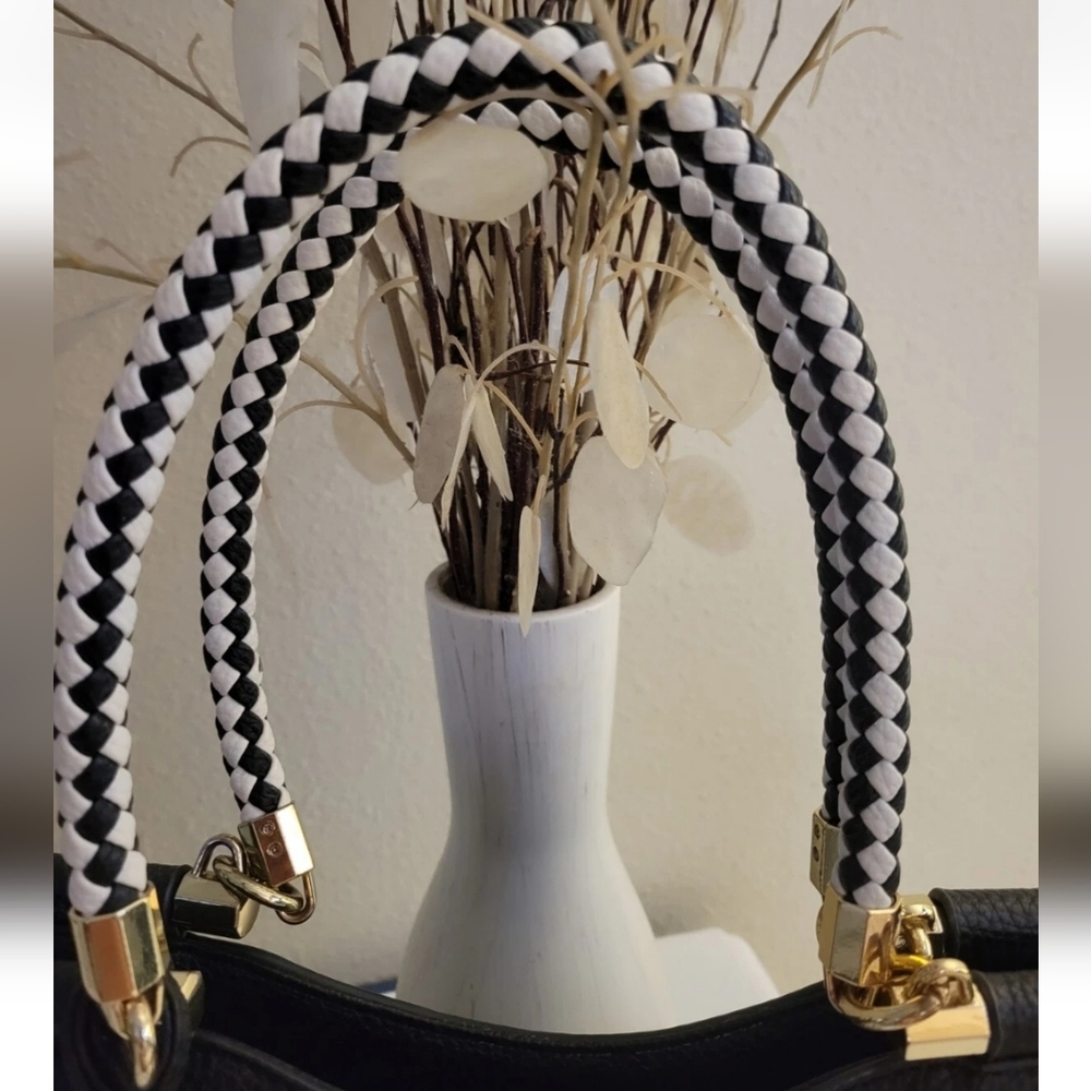 NEW BEBE LOS ANGELES BLACK WHITE TASSEL BRAIDED LEATHER BOHO HANDBAG PURSE LARG - Picture 5 of 12